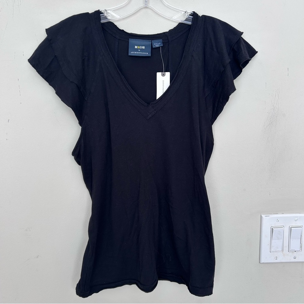 NWT Anthropologie Maeve Black Ruffle Cap Sleeve V-Neck Top. Size Medium
